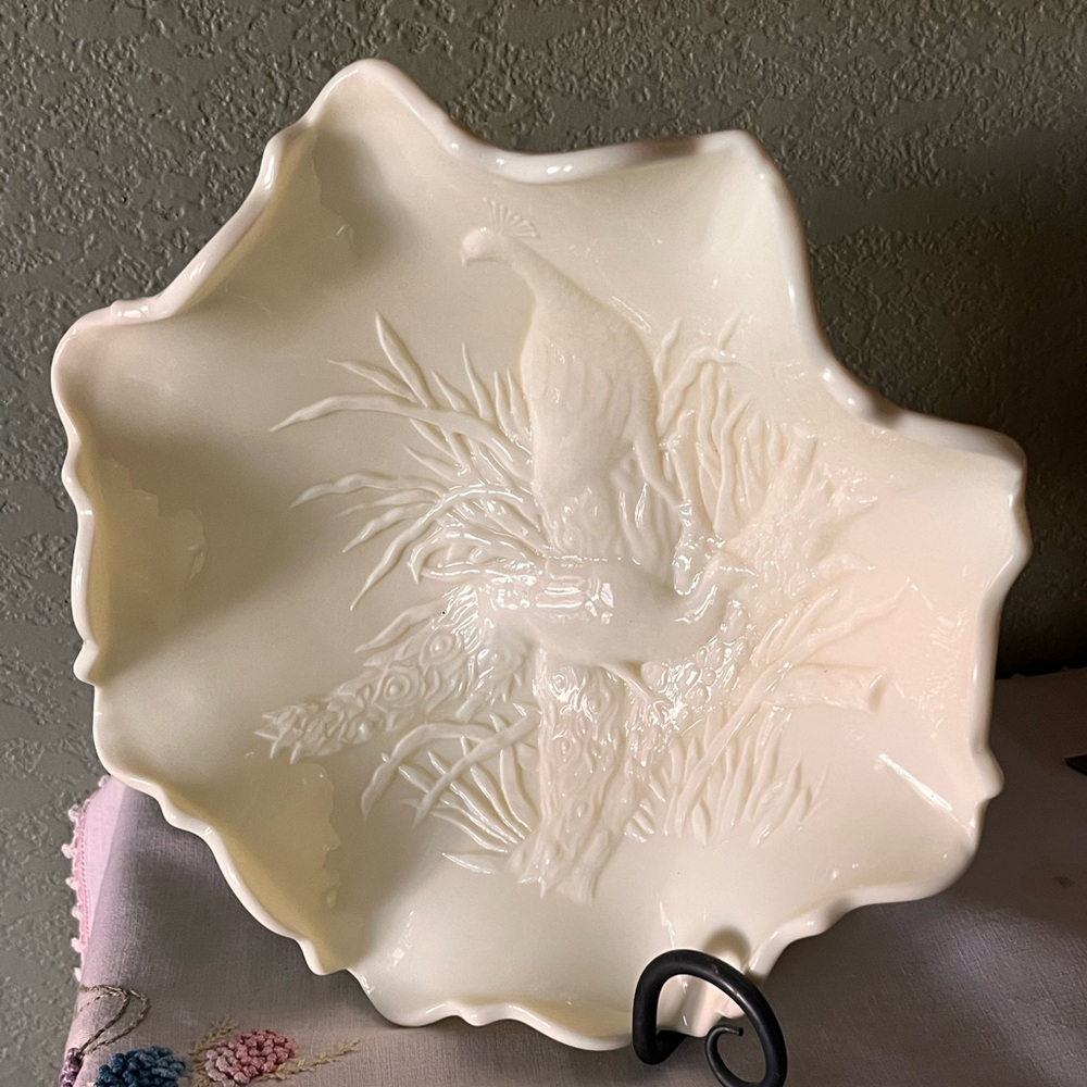 RARE Custard Uranium Glass Bowl 10" LG Wright Peacock w/ Butterfly Custard Glass